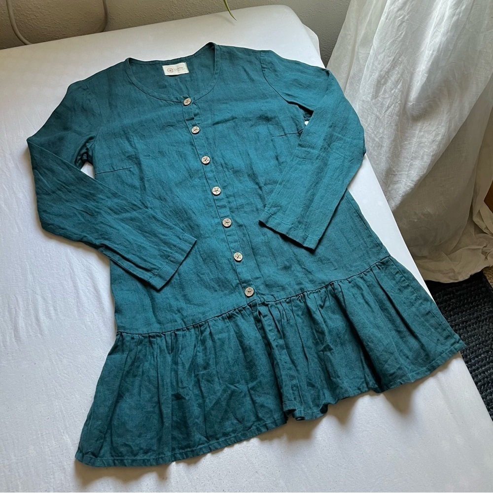 LINENBEE teal blue green linen button down long sleeve mini dress‎